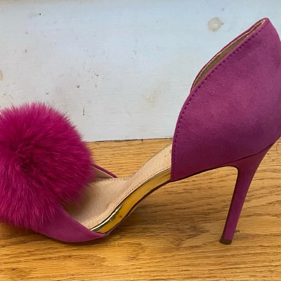 Purple Selina High Heel Stiletto with Rabbit Fur Pom Pom by Liliana Size 8 - Picture 2 of 5